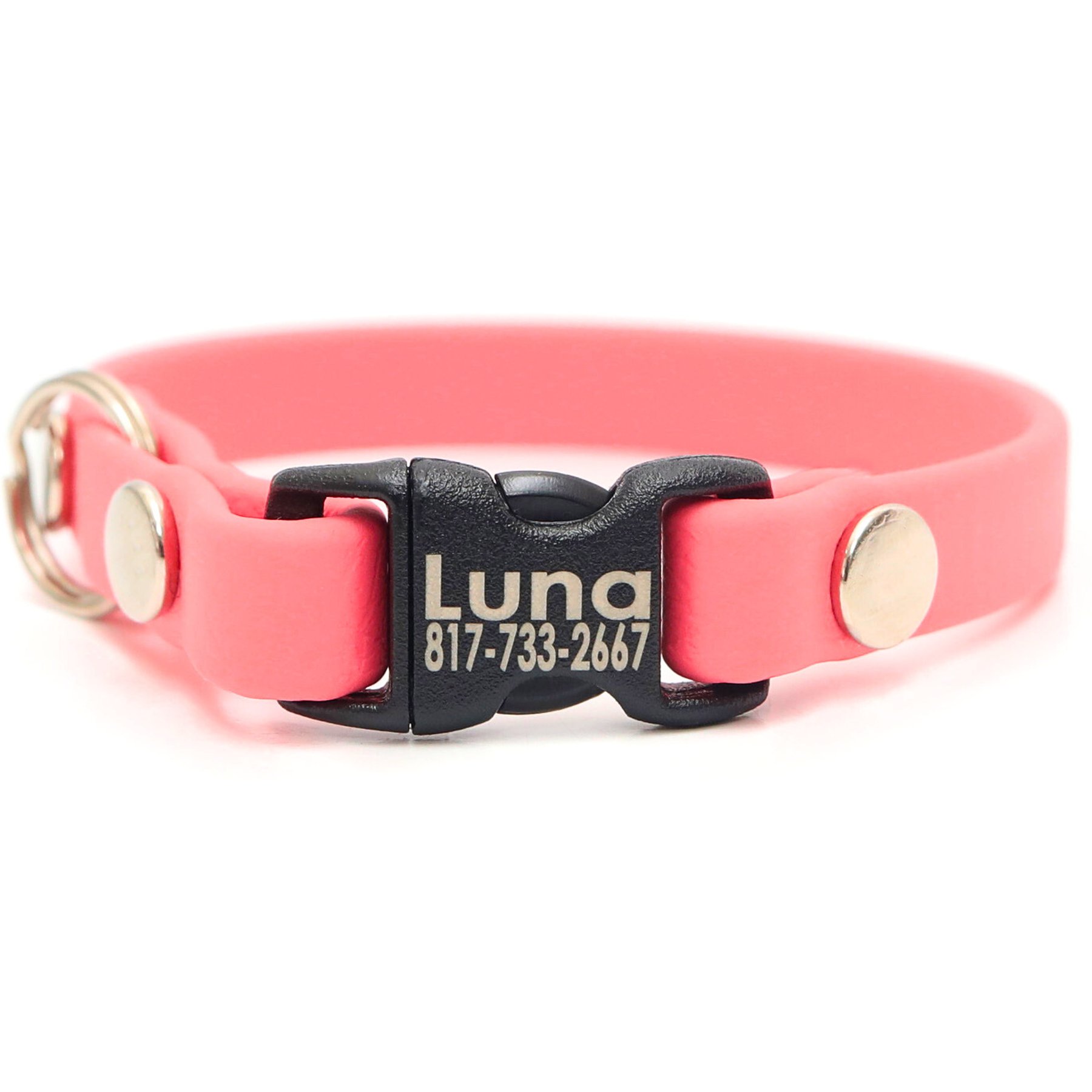Mimi Green Waterproof Personalized Breakaway Cat Collar, Coral Pink, 10-in neck, 3/8-in wide
