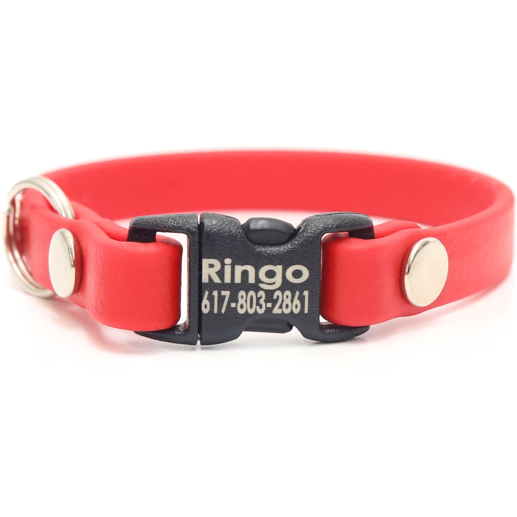 Mimi Green Waterproof Personalized Breakaway Cat Collar, Red, 12-in neck, 3/8-in wide