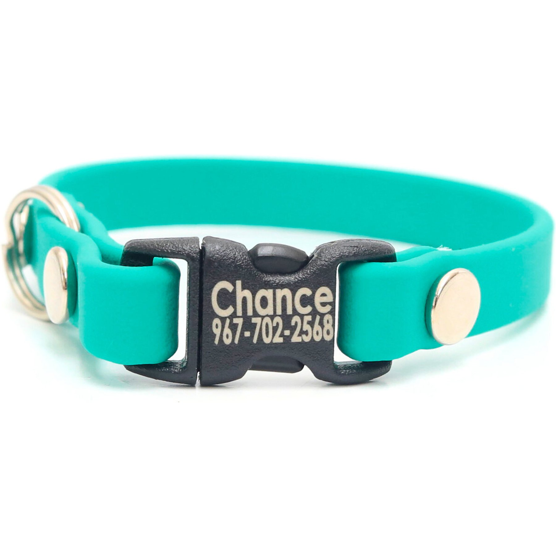 Mimi Green Waterproof Personalized Breakaway Cat Collar, Teal, 12-in neck, 3/8-in wide
