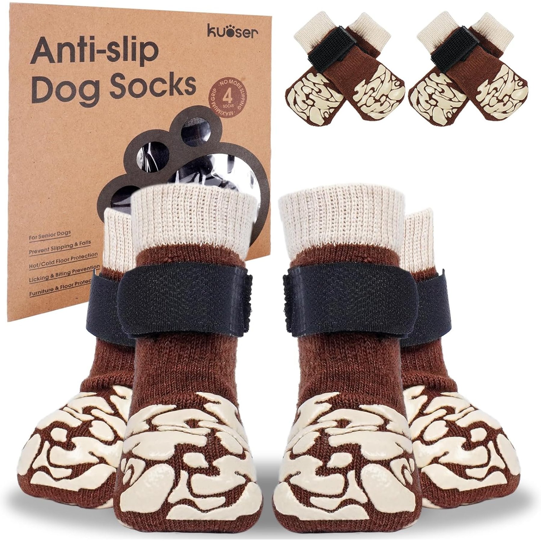 Kuoser Non-Slip Dog Socks, Brown, Medium, 4 count