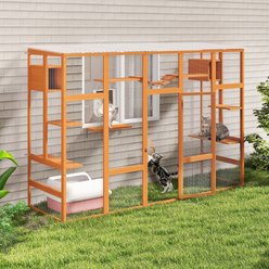 Coziwow Outdoor Catio Wood Cat House Playpen with Scratcher Shelves Bridge Condos, Orange, Large