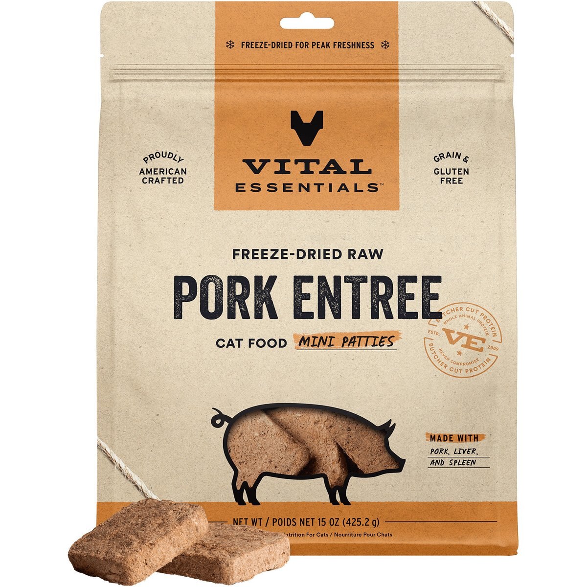 Vital Essentials Mini Patties Raw Pork Entree Freeze-Dried Cat Food, 15-oz bag