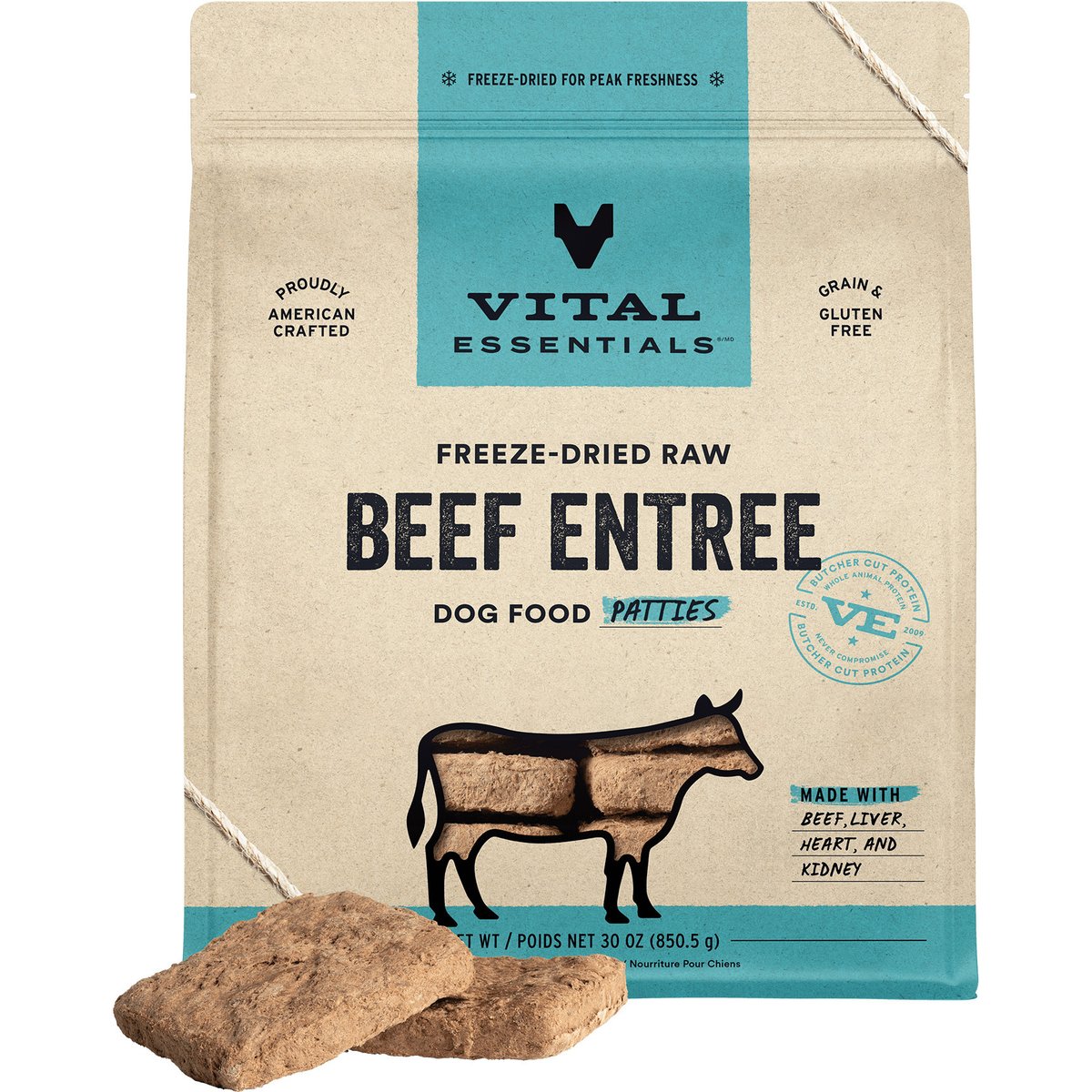 Vital Essentials Patties Raw Beef Entree Freeze-Dried Dog Food & Topper, 30-oz bag