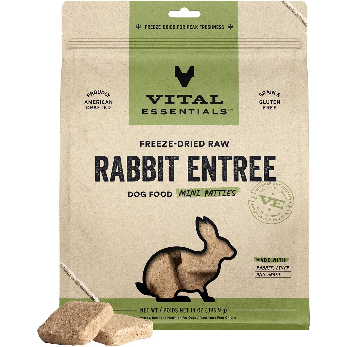 Vital Essentials Mini Patties Raw Rabbit Entree Freeze-Dried Dog Food & Topper, 14-oz bag