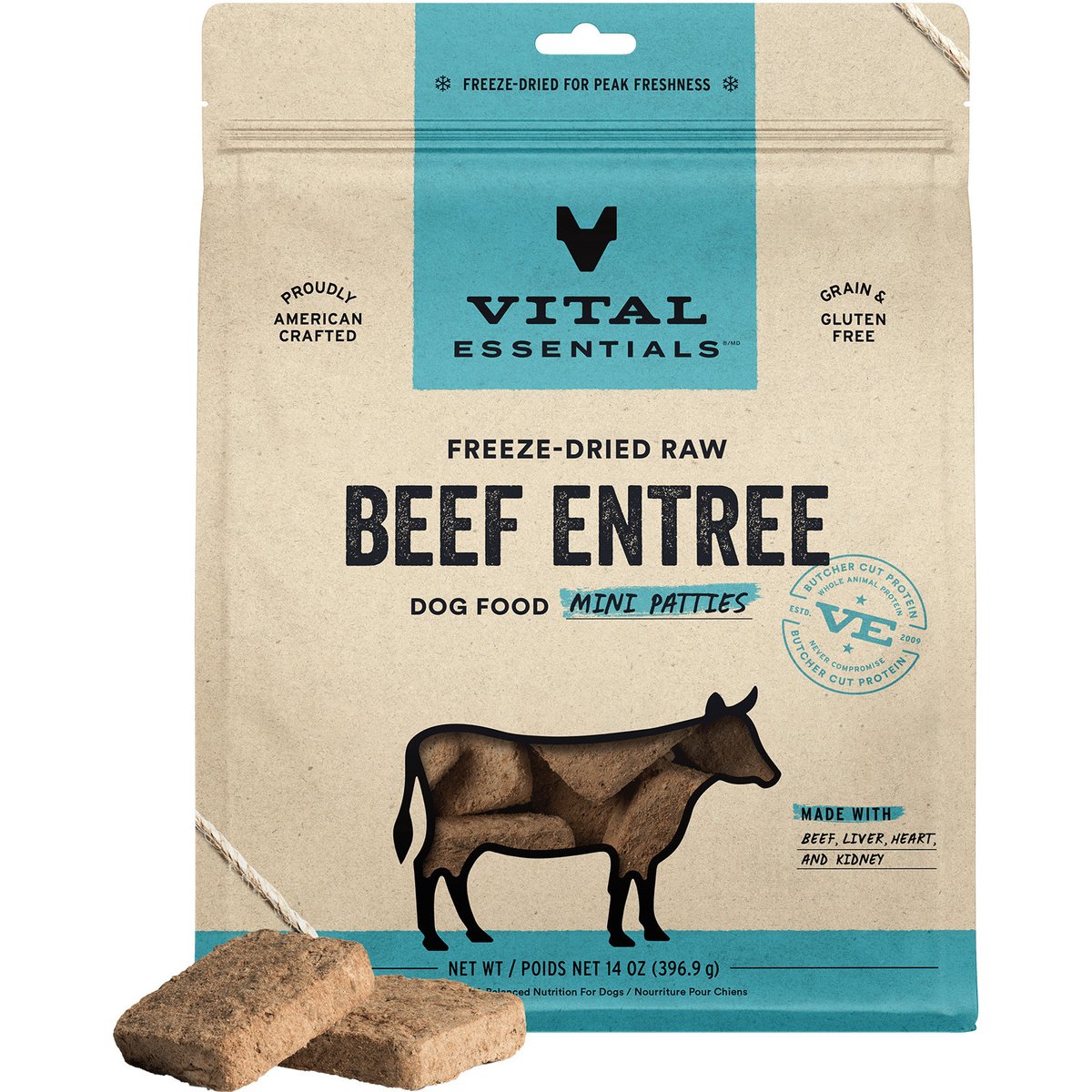 Vital Essentials Mini Patties Raw Beef Entree Freeze-Dried Dog Food & Topper, 14-oz bag