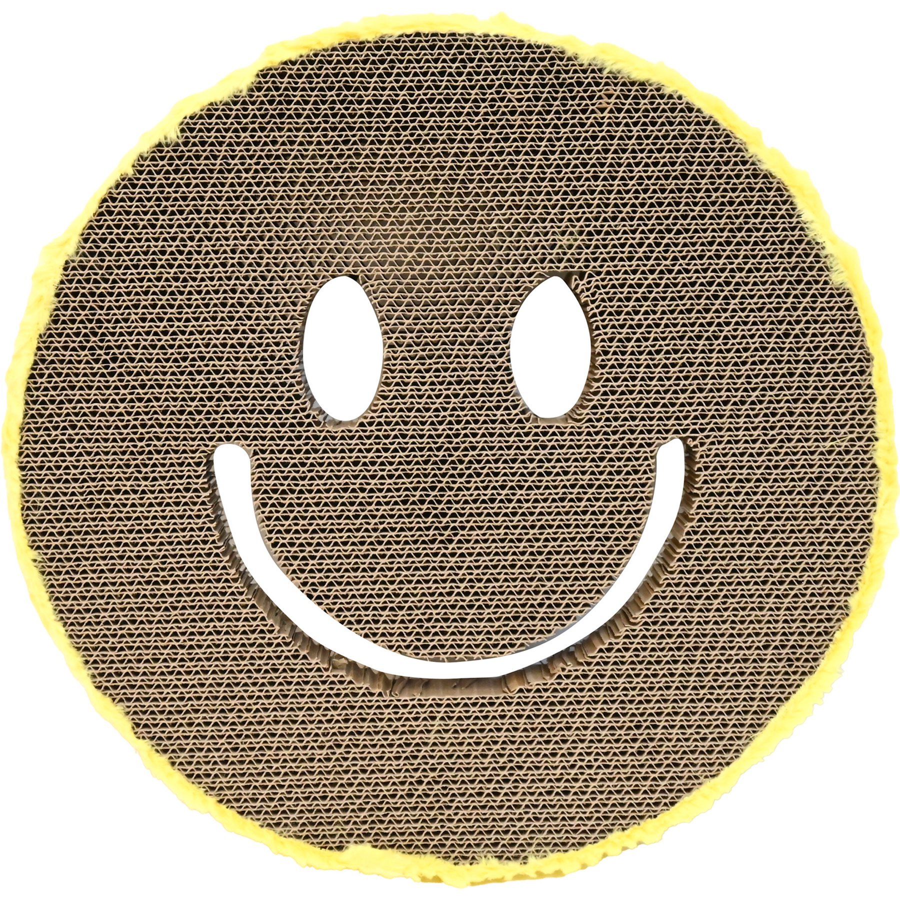 Kensie Happy Face Reversible Corrugated Cardboard Cat Scratcher Toy with Catnip, Yellow, 15 x 15 x 1.7-in