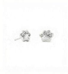 Best FURever Friends Small Sterling Silver Paw Print Stud Earrings with Crystal Accents, Silver