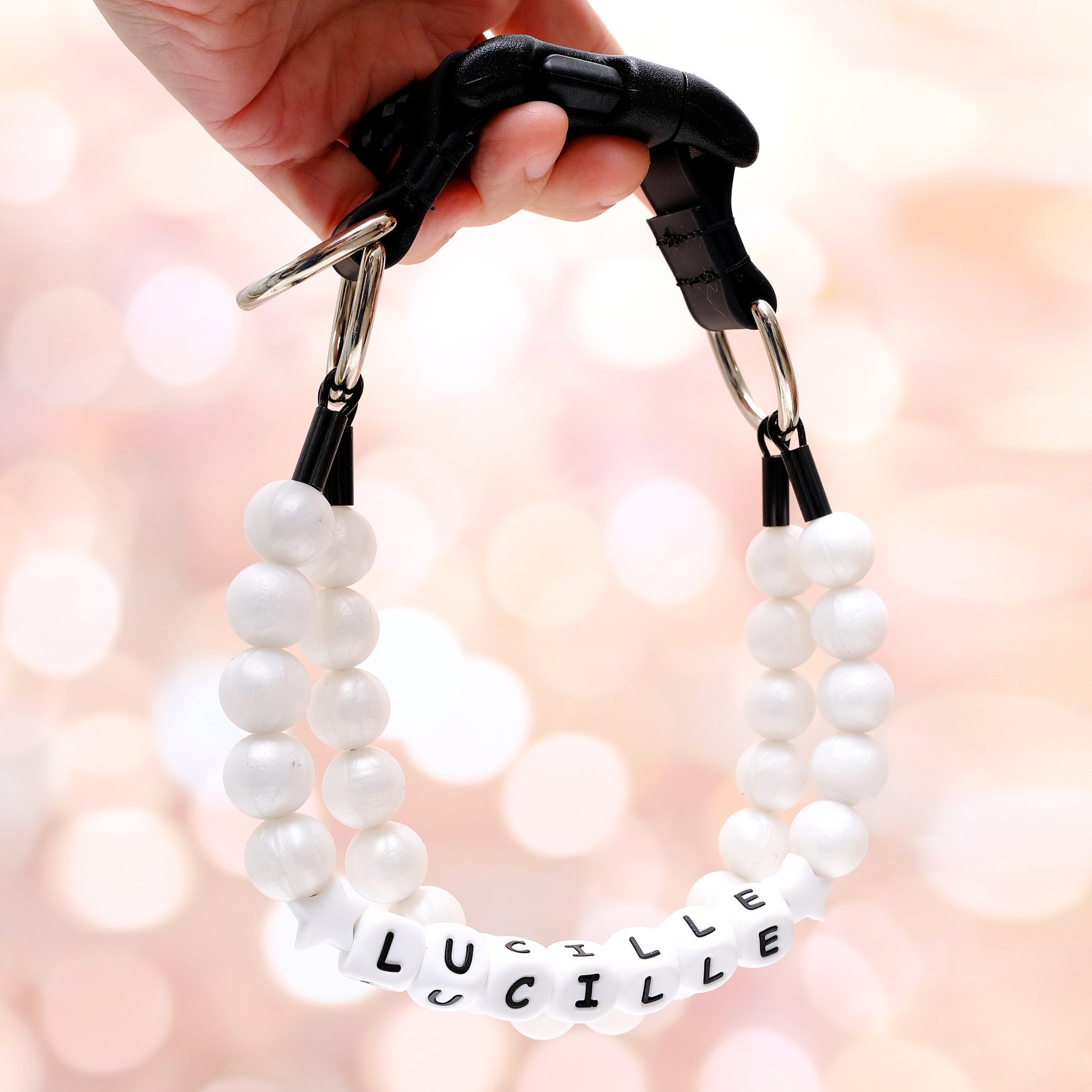 Mimi Green Pearl Double Strand Beaded Silicone Personalized Dog Collar with Name, White, 22-in neck, 1-in wide