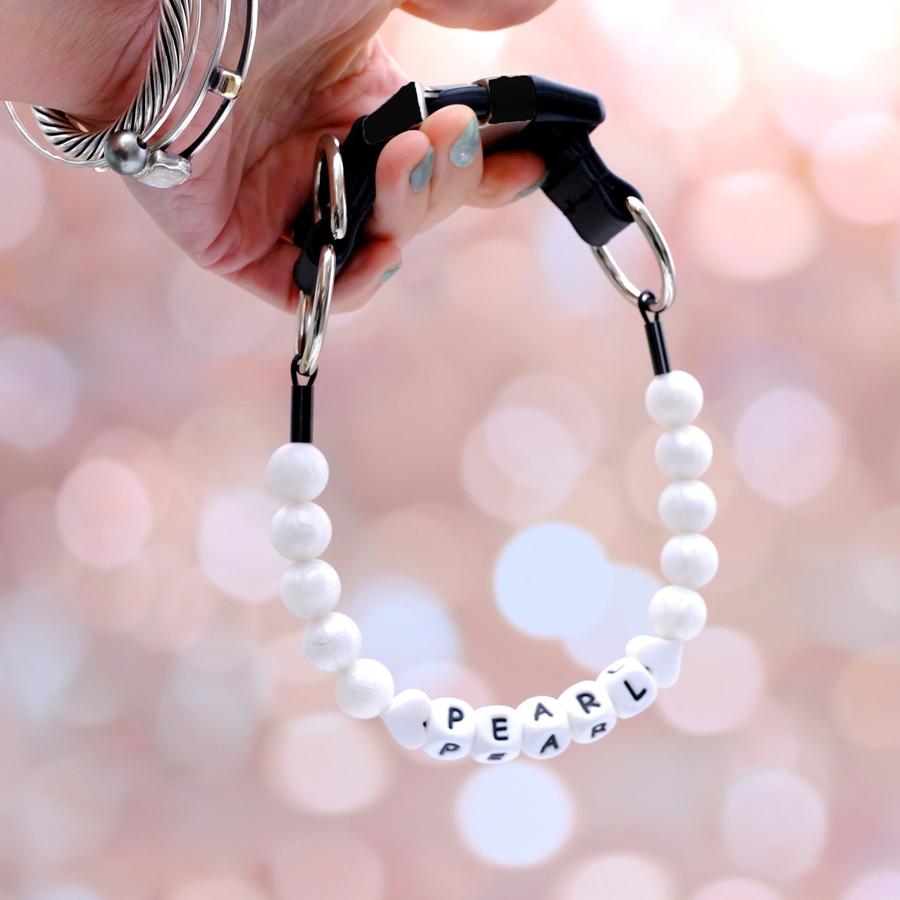Mimi Green Pearl Single Strand Beaded Silicone Personalized Dog Collar with Name, White, 12-in neck, 5/8-in wide