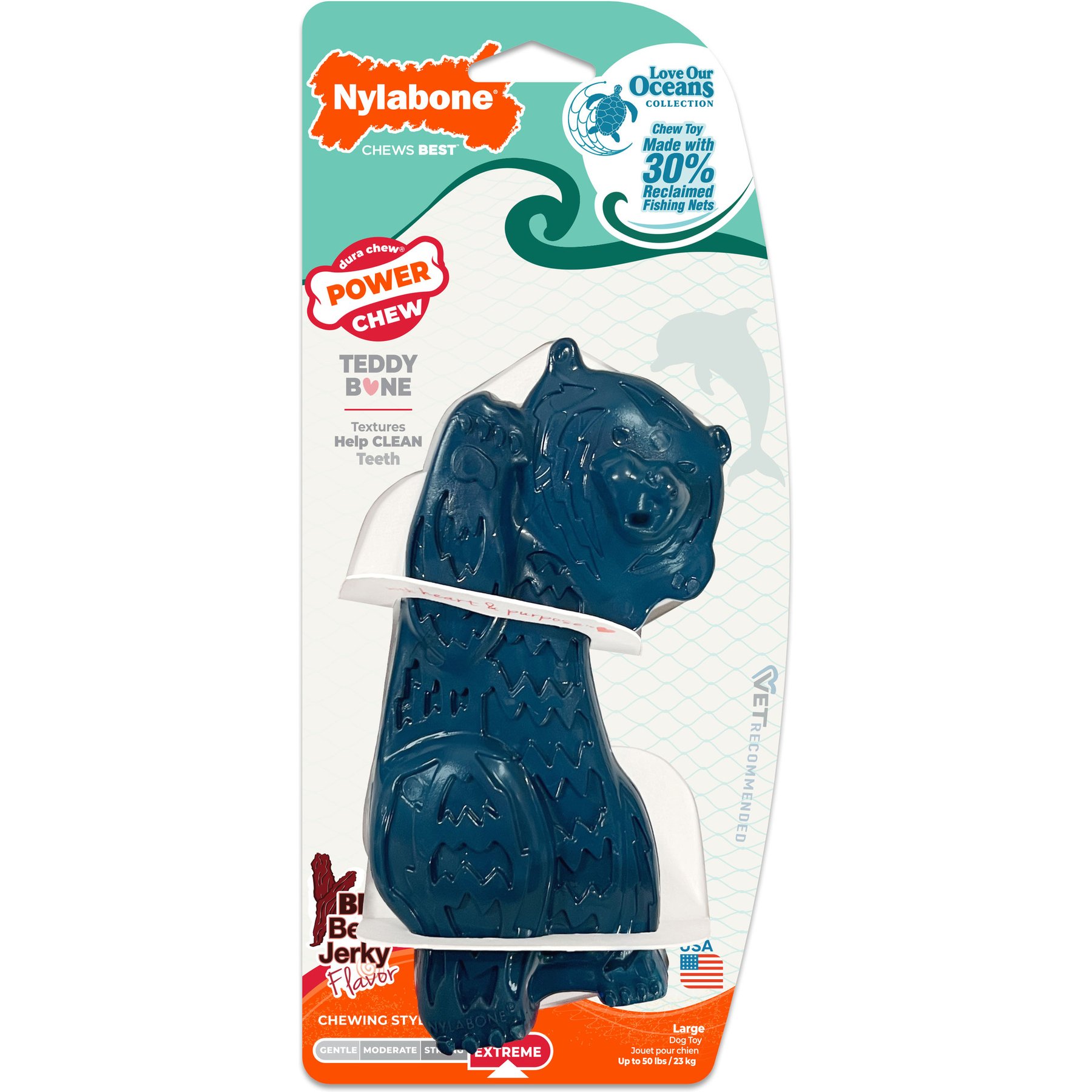 Nylabone Power Chew Love Our Oceans Teddy Bear Beef Jerky Dental Chew Bone Dog Toy, Large