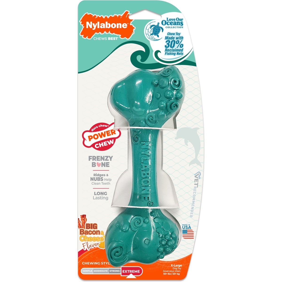 Nylabone Power Chew Love Our Oceans Frenzy Bone Bacon Flavor Dental Chew Dog Toy, X-Large
