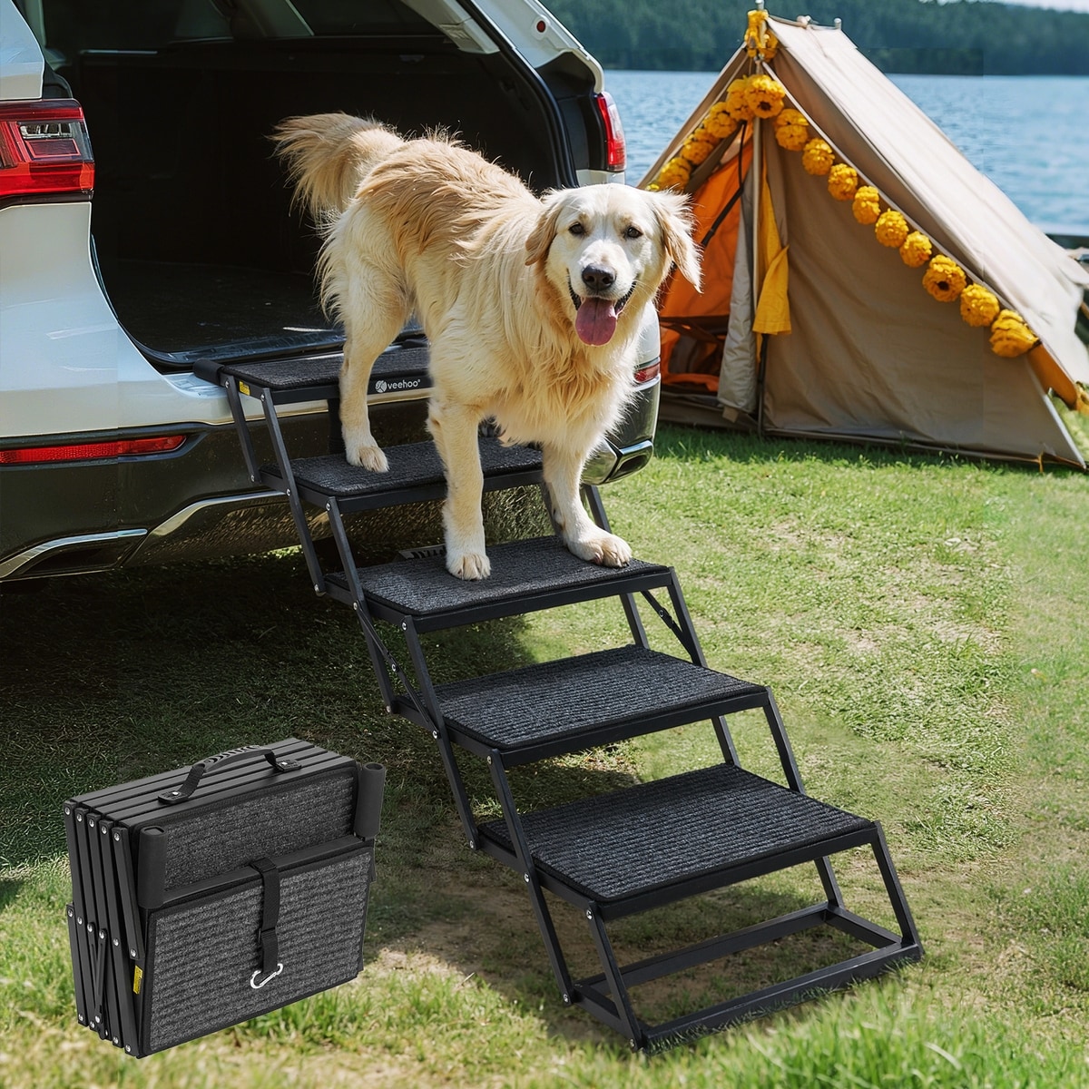 VEEHOO 5 Steps Foldable Dog Steps, Black - Chewy.com