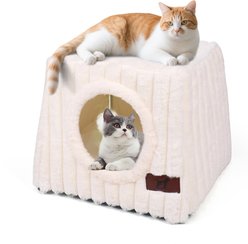LFC PETS Cat Cave Beds with Fluffy Ball Hanging & Cat House with Removable Cover, Milkywhite