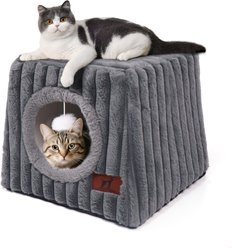 LFC PETS Cat Cave Beds with Fluffy Ball Hanging & Cat House with Removable Cover, Grey