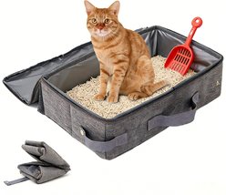 Gapzer Portable Leak-Proof Travel Cat Litter Box with Scoop, Gray, 17.7 x 13.8 x 4.3-in