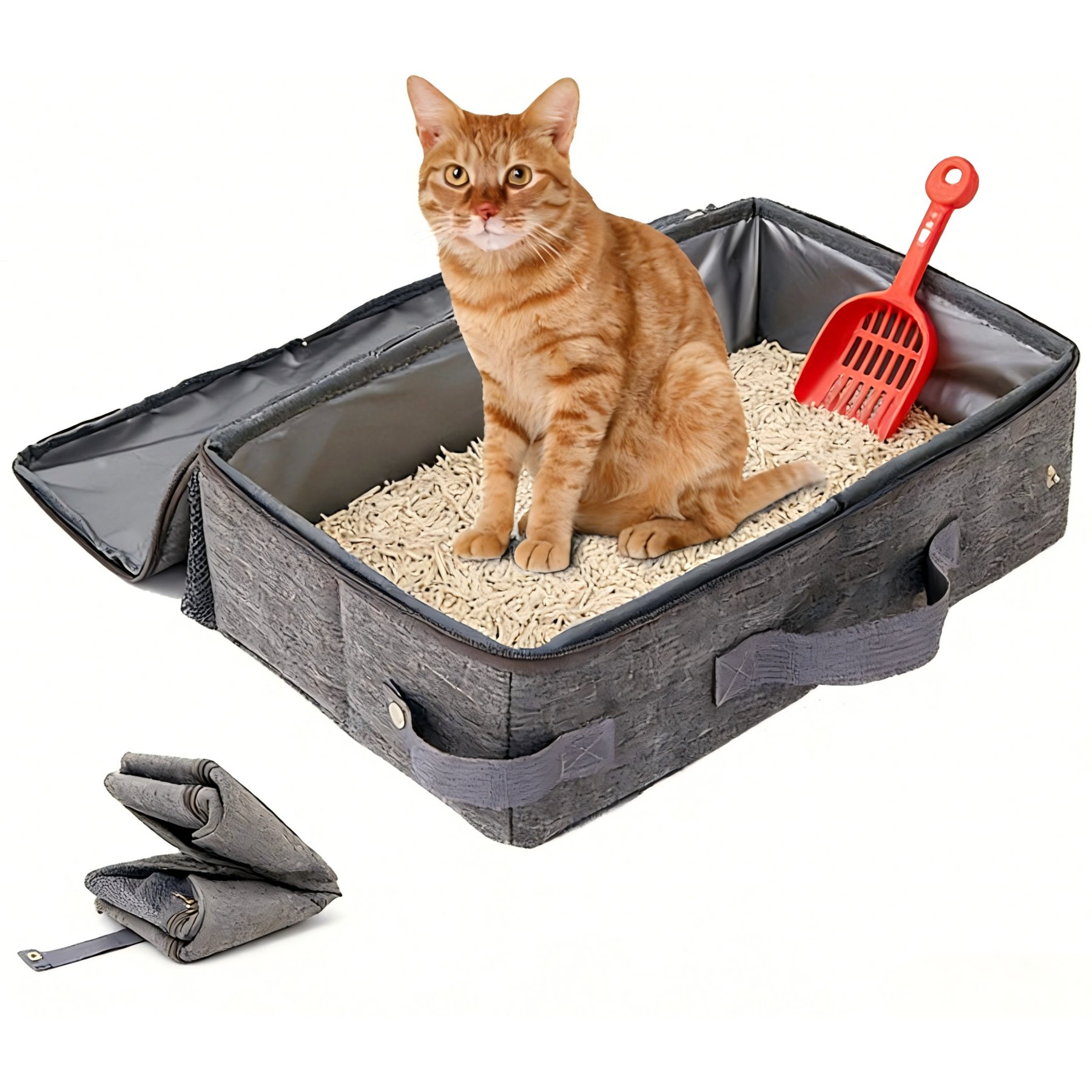 DOPZER Portable Leak-Proof Travel Cat Litter Box with Scoop, Gray, 17.7 x 13.8 x 4.3-in
