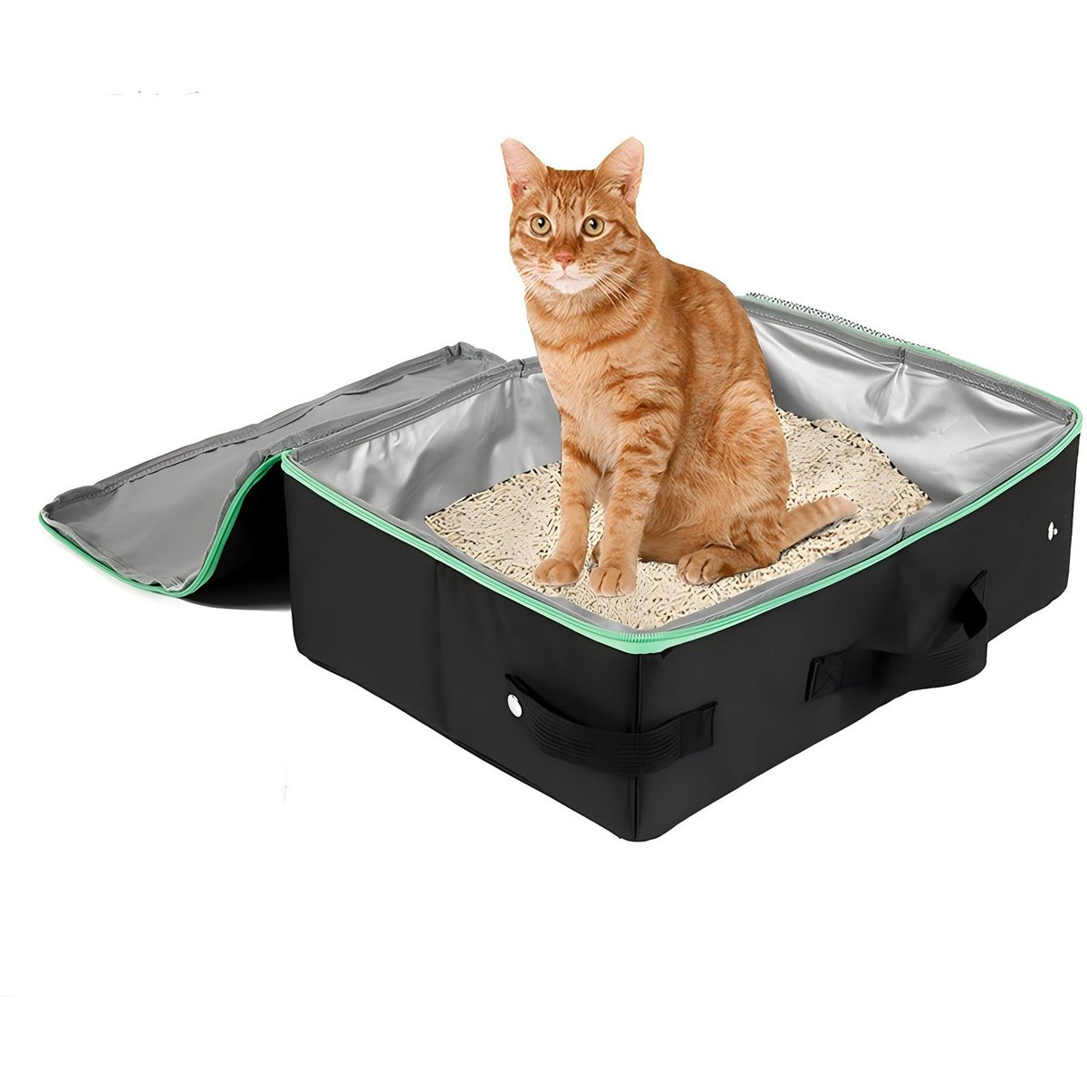 DOPZER Portable Leak-Proof Travel Cat Litter Box with Scoop, Black, 15.7 x 11.8 x 4.3-in