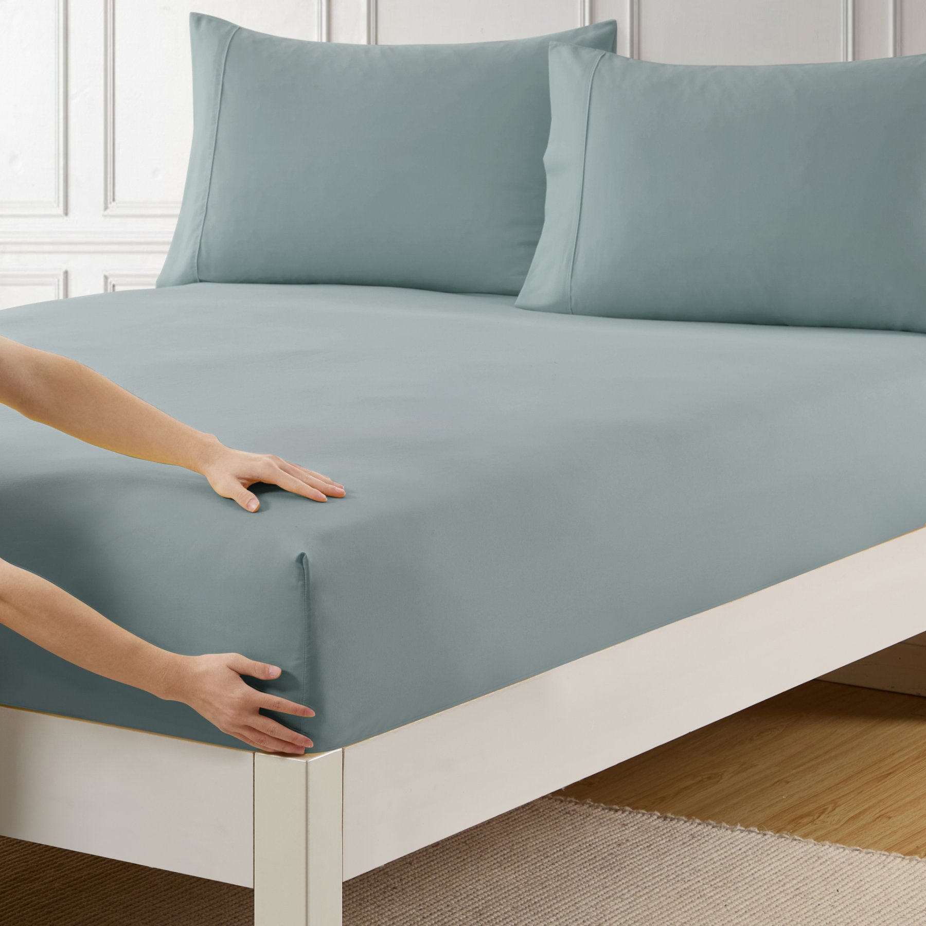 Sweet Home Collection Fitted Brushed Microfiber Bottom Sheets with Built In Sheet Straps, Misty Blue, Full