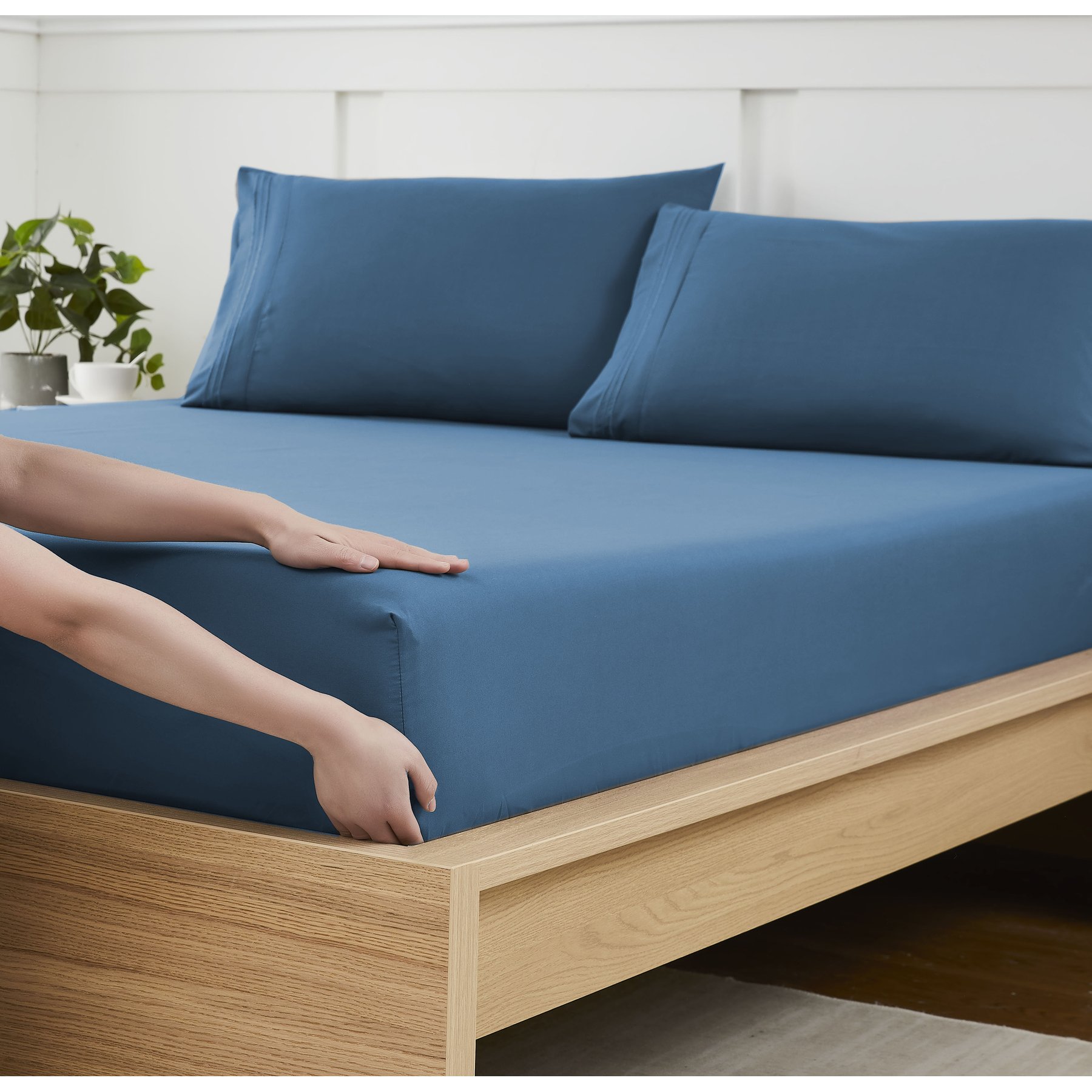 Sweet Home Collection Fitted Brushed Microfiber Bottom Sheets with Built In Sheet Straps, Denim, Full