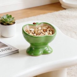 Happy & Polly Sculpted Apple Non-Skid Ceramic Cat Bowl, 1-cup, Green