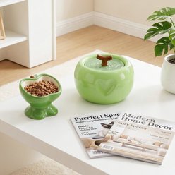 Happy & Polly Sculpted Apple Non-Skid Ceramic Cat Water Fountain & Bowl Set, 50-oz, Green