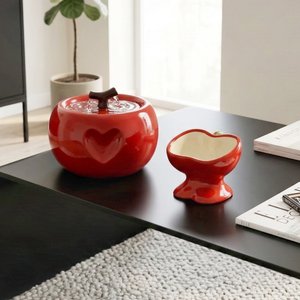 Happy & Polly Sculpted Apple Non-Skid Ceramic Cat Water Fountain & Bowl Set, 50-oz, Red