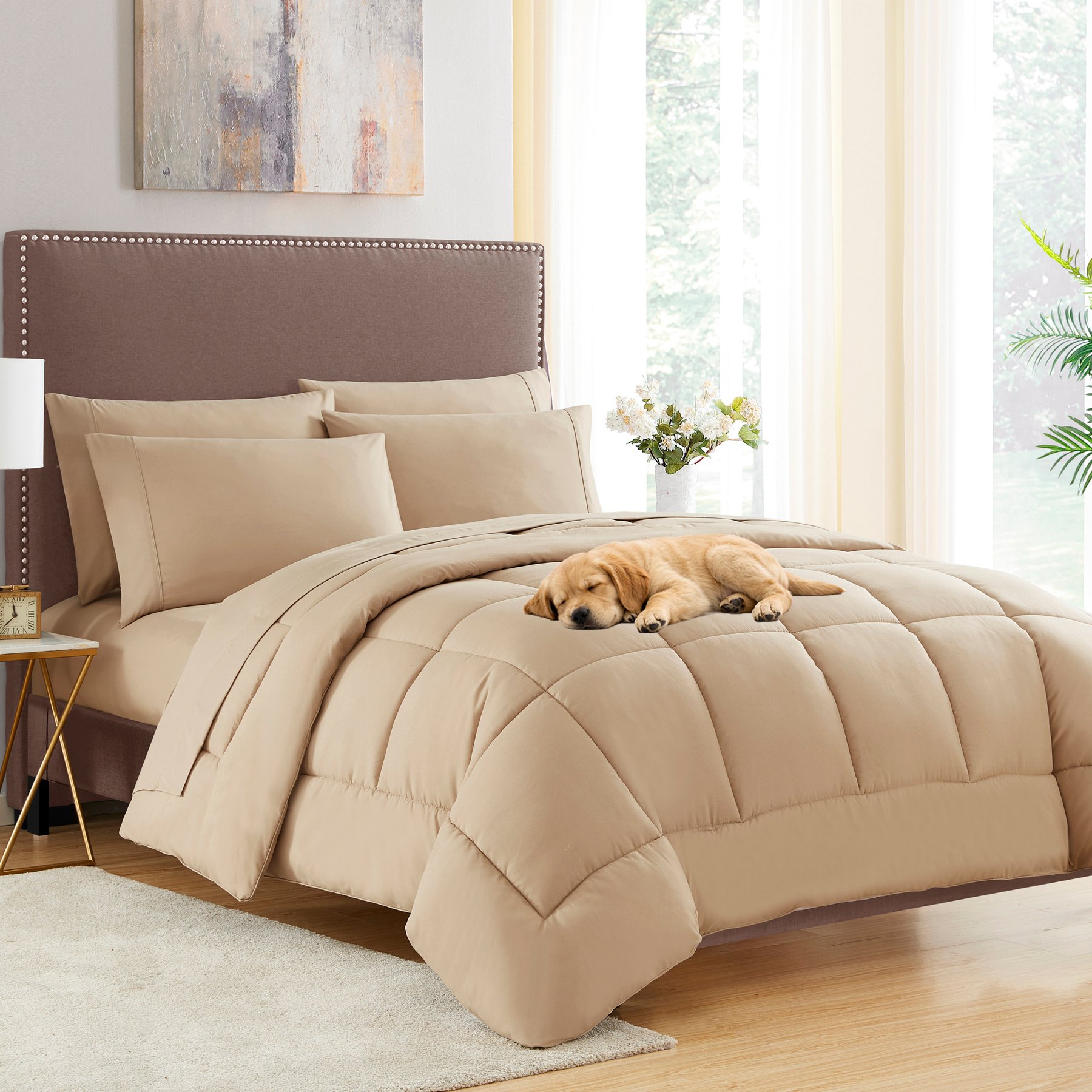 Sweet Home Collection All Season Bed-in-A-Bag Solid Color Comforter & Sheet Set, Taupe, King