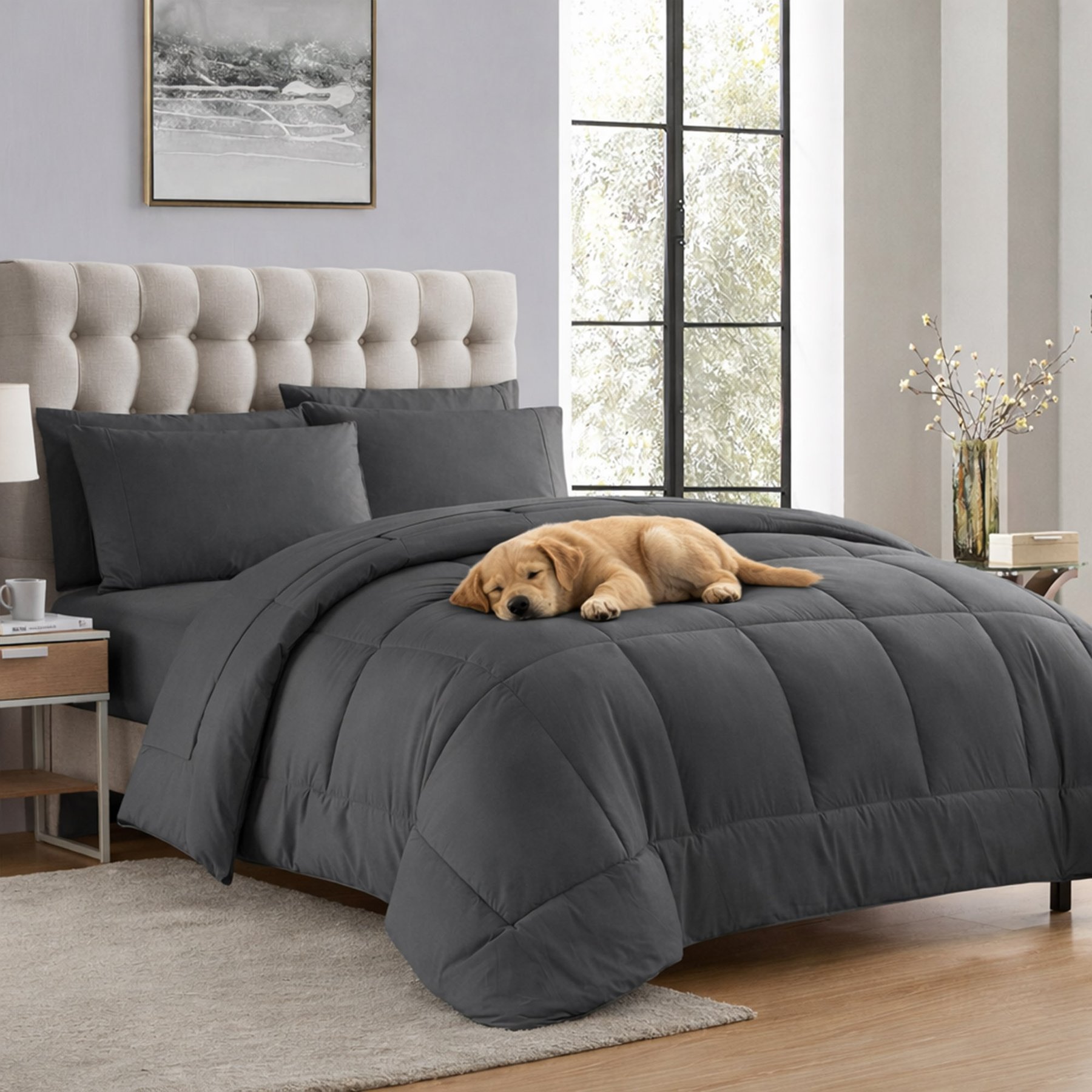 Sweet Home Collection All Season Bed-in-A-Bag Solid Color Comforter & Sheet Set, Gray, Queen