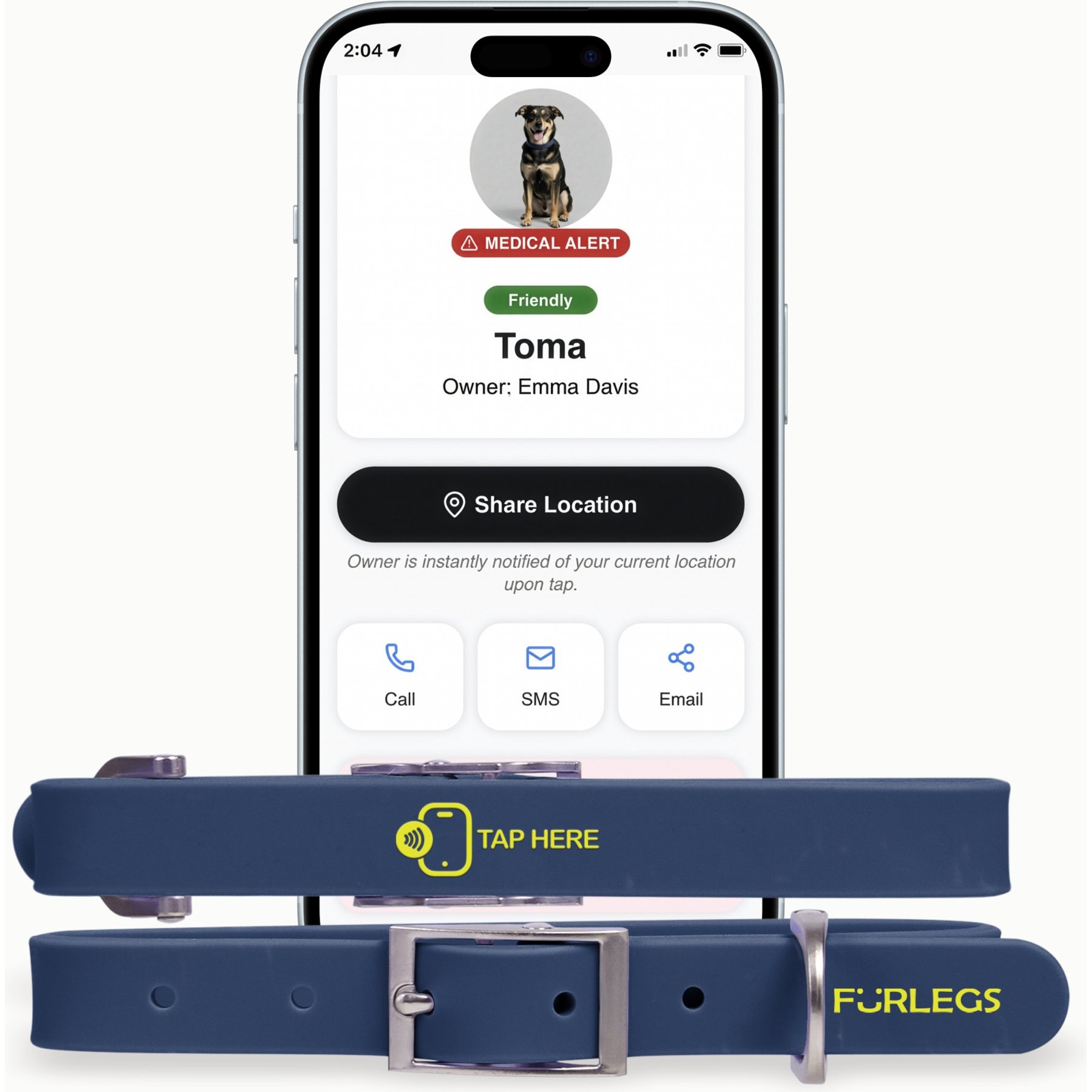 Furlegs TapSafe Silicollar Smart ID & Medical Alert Dog Collar, Estate Blue, Medium