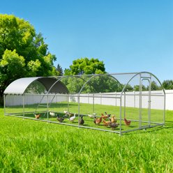 Xbrigh Metal Walk-In Dome Roof Poultry Cage Chicken Coop, Silver, 26.2 x 9.7 x 6.4-ft