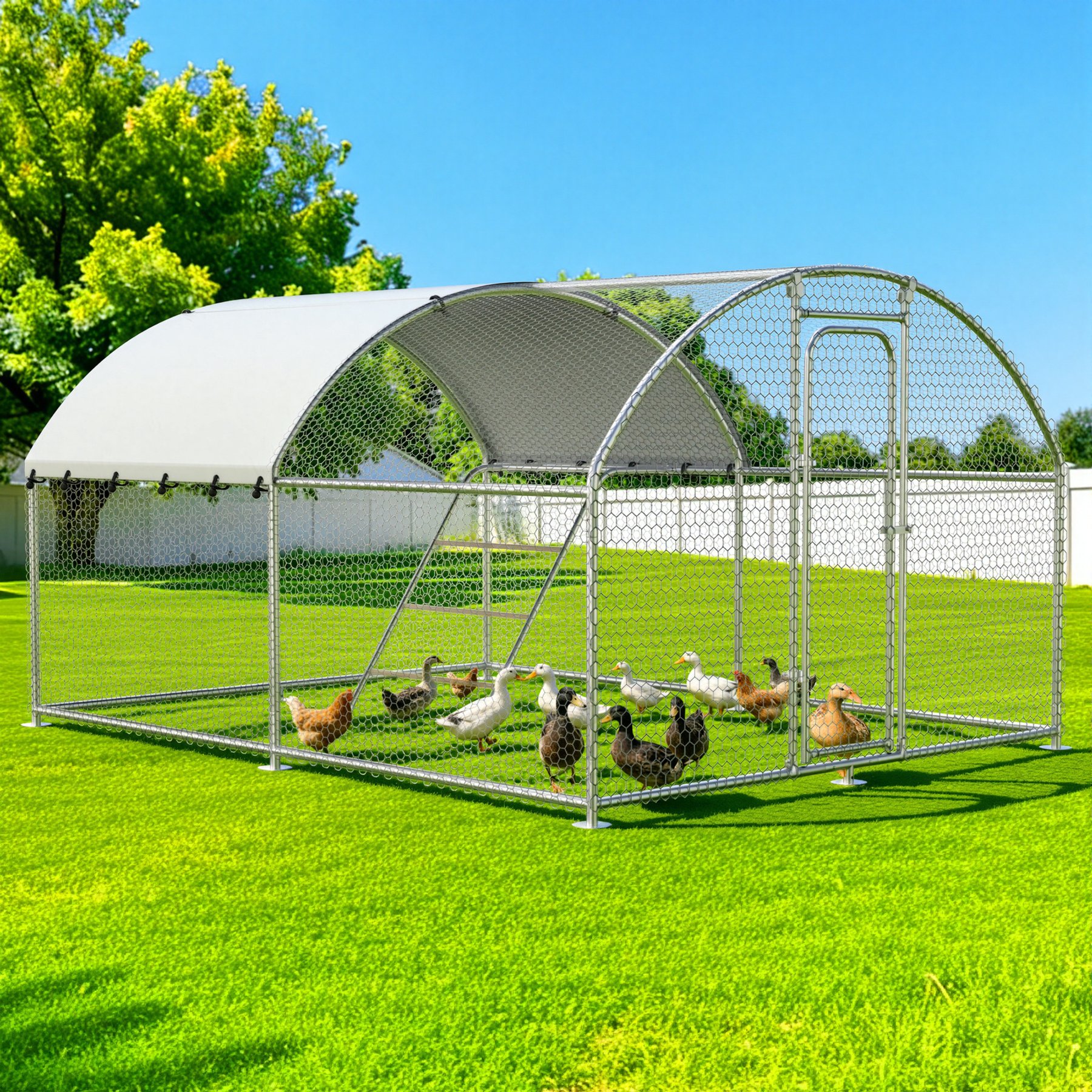 Xbrigh Metal Walk-In Dome Roof Poultry Cage Chicken Coop, Silver, 13.1 x 9.8 x 6.5-ft