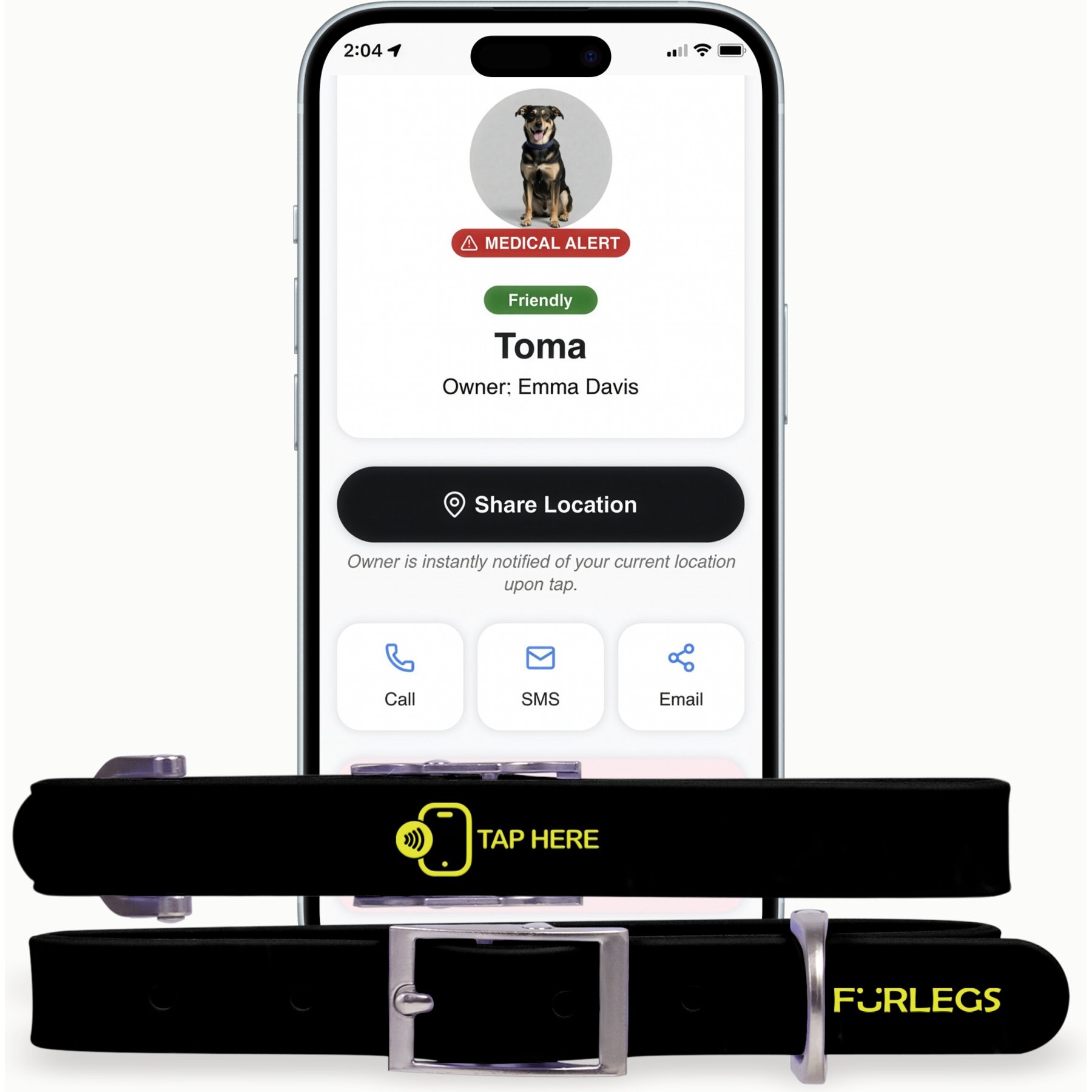 Furlegs TapSafe Silicollar Smart ID & Medical Alert Dog Collar, Black, Small