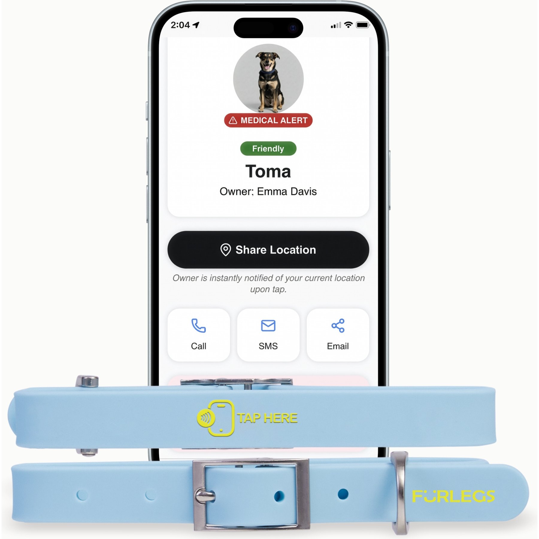 Furlegs TapSafe Silicollar Smart ID & Medical Alert Dog Collar, Crystal Blue, Large