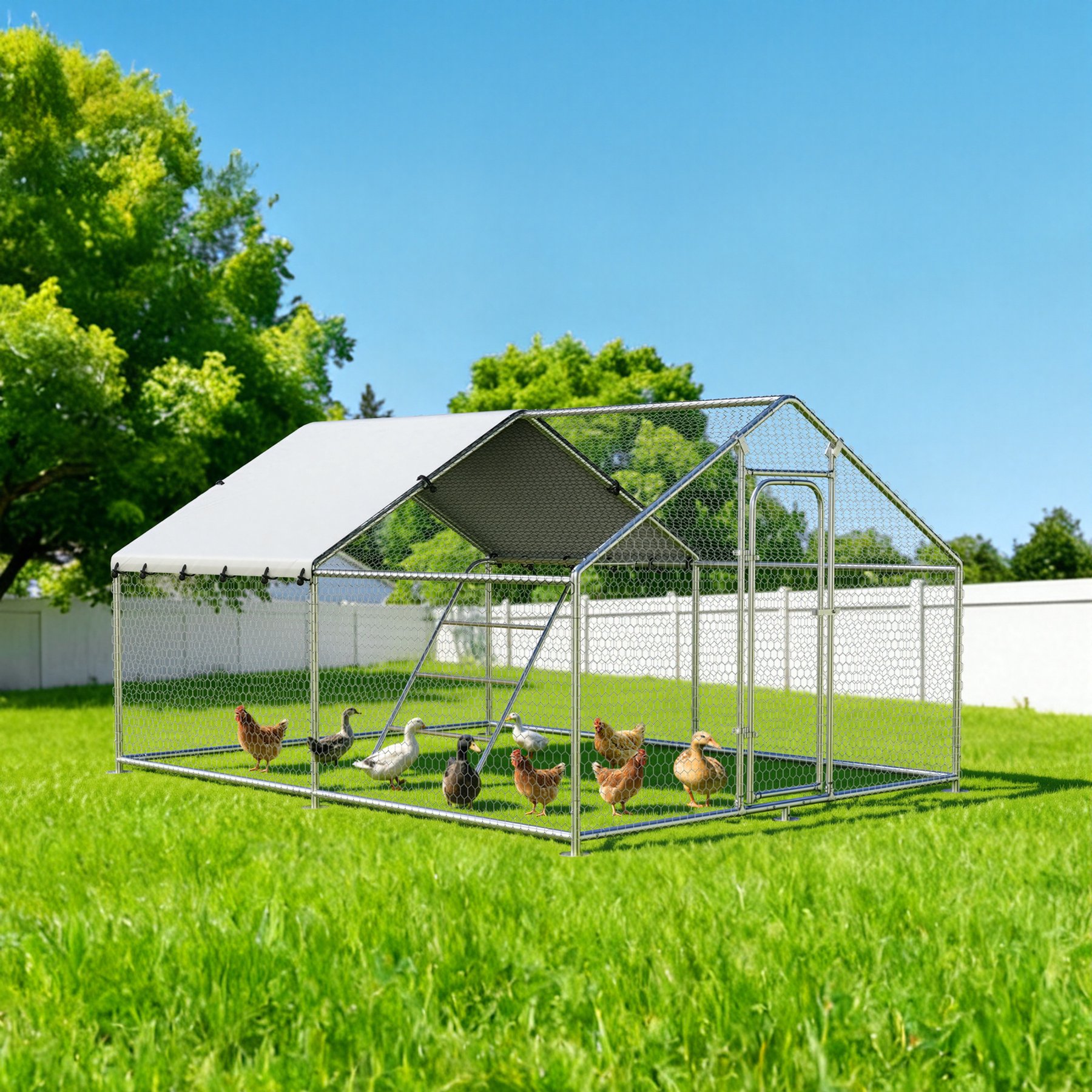 Xbrigh Metal Walk-In A-Frame Poultry Cage Chicken Coop, Silver, 9.9 x 9.9 x 6.5-ft