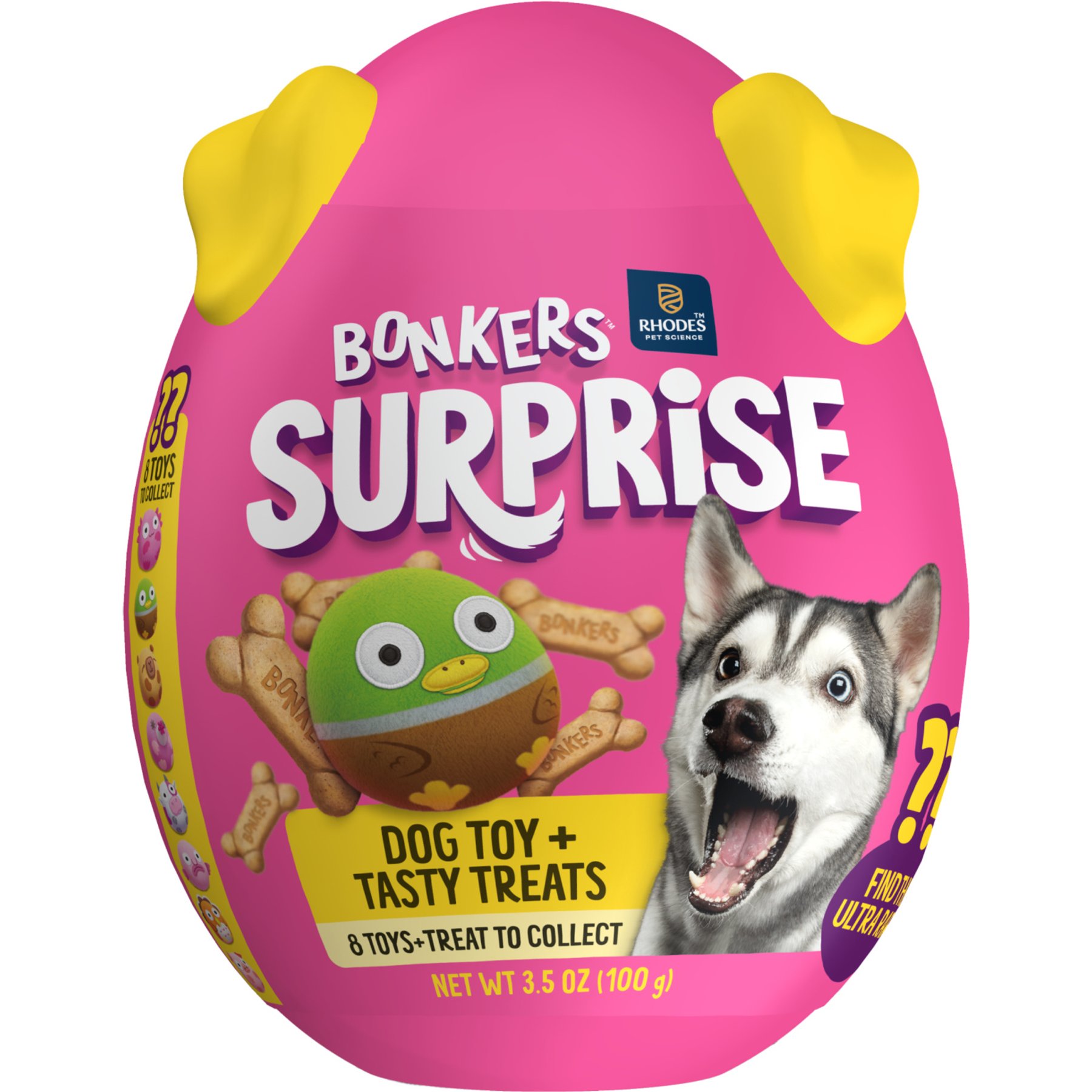 BONKERS Surprise Blind Box with Plush Dog Toy & Chicken Flavored Biscuit Crunchy Dog Treats, 3.5-oz