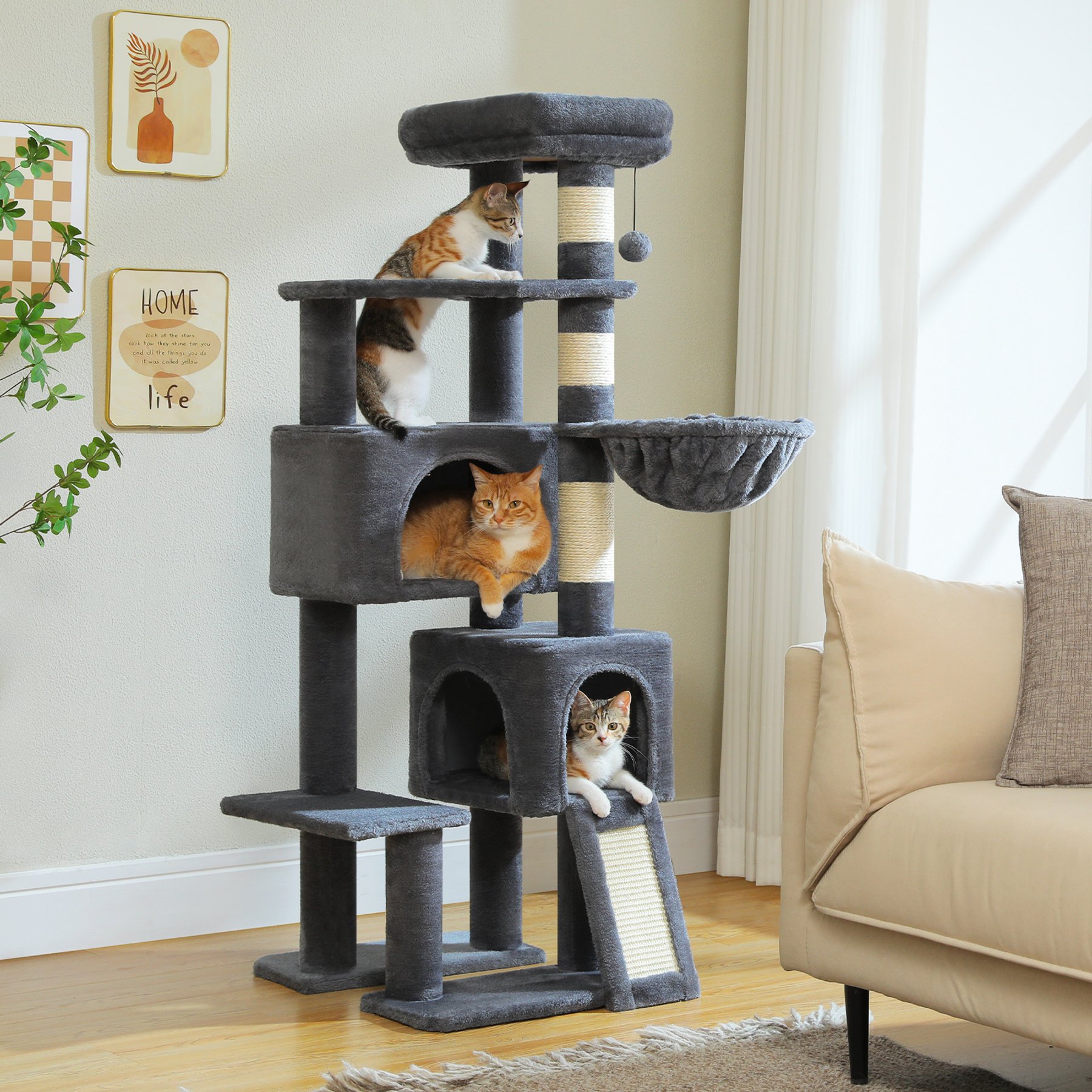 PAWZ Road 60-in Cat Tree Cat Tower with 2 Condos, Spacious Perch, Cozy Basket & Sisal-Covered Scratching Posts, Dark Grey, Medium: 51.6-in