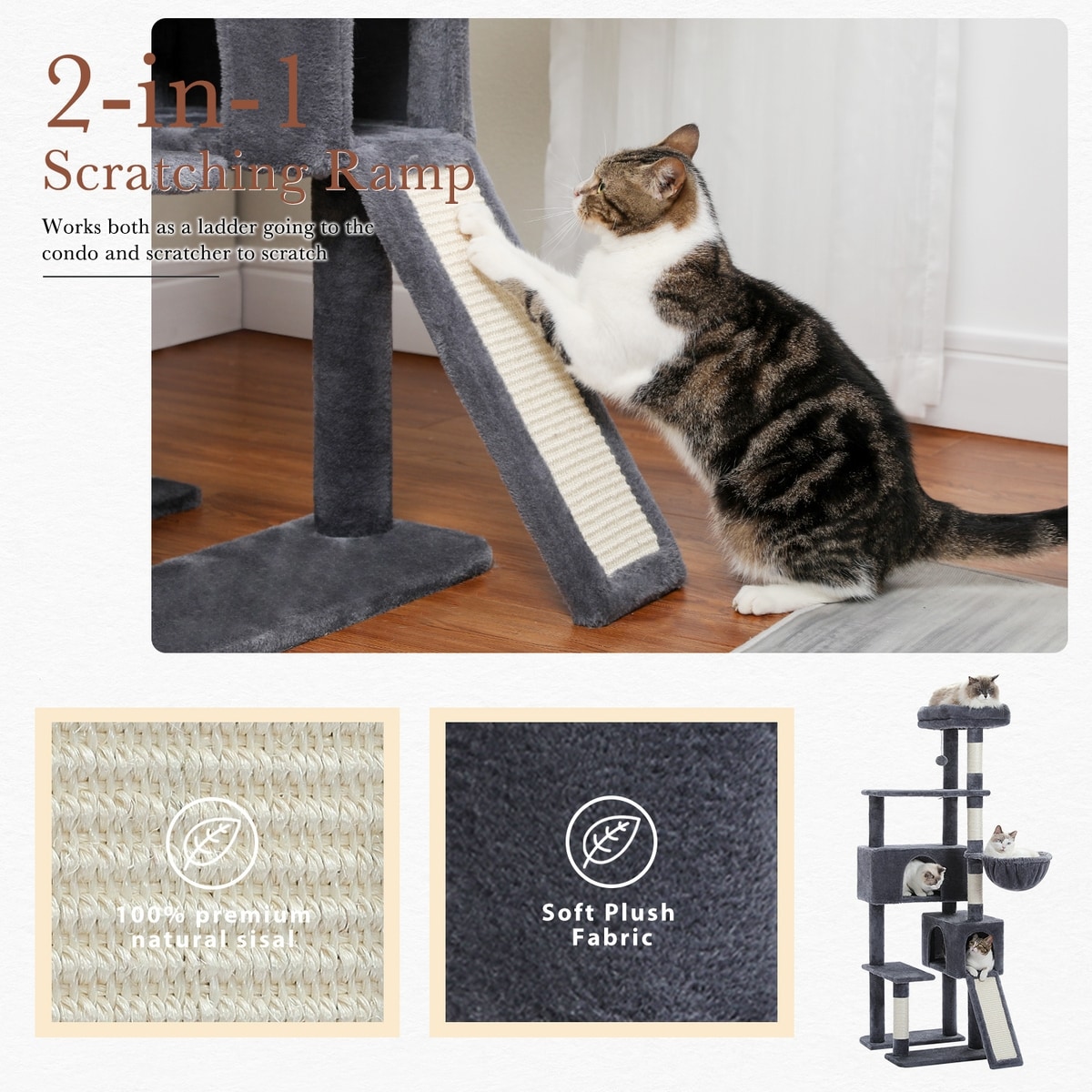 PAWZ ROAD 60-in Cat Tree Cat Tower with 2 Condos, Spacious Perch, Cozy ...