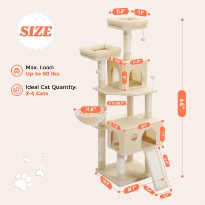 Show full view: PAWZ Road Multi-Level 64-in Cat Tree Tower with 2 Soft Top Perches, 2 Caves & 5 Sisal Scratching Posts, Beige slide 4 of 10