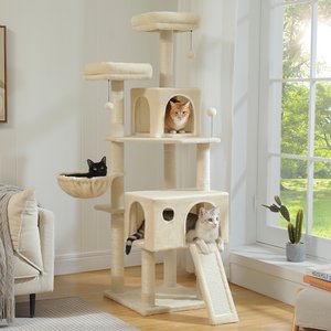 PAWZ Road Multi-Level 64-in Cat Tree Tower with 2 Soft Top Perches, 2 Caves & 5 Sisal Scratching Posts, Beige