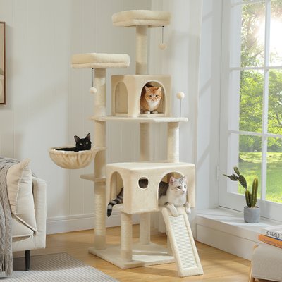 PAWZ Road PAWZ Road Multi-Level 64-in Cat Tree Tower with 2 Soft Top Perches, 2 Caves & 5 Sisal Scratching Posts, Beige