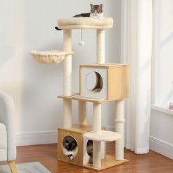 PAWZ Road 51-in Cat Tree Wooden Cat Tower with 2 Condos, Spacious Perch,Soft Hammock & Totally Wrapped Sisal Posts, Beige