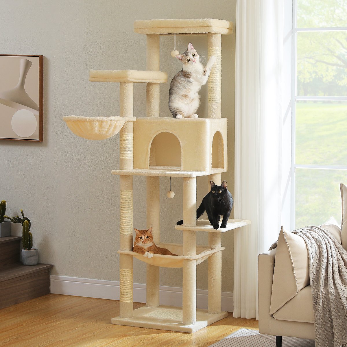 PAWZ Road 73-in Tall Cat Tree Tower with Large Padded Perch, 2 Spacious Hammocks, Scratching Posts, X-Large Plush Cat Condo, Beige