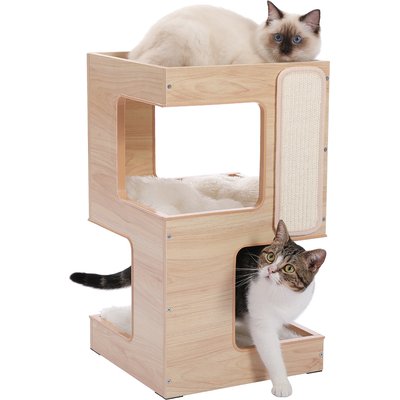 PAWZ Road PAWZ Road Multi-Level 24-in Modern Cat Tree Condo with Scratcher, Soft Cushion, Scratching Mat & Ball Toys, Beige
