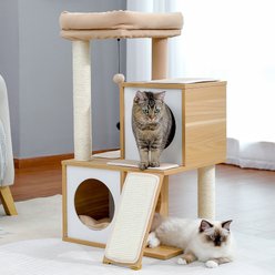 PAWZ Road 35-in Wooden Cat Tower with Double Condos, Spacious Perch & Fully Wrapped Scratching Sisal Posts, Beige