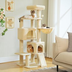 PAWZ Road 60-in Cat Tree Cat Tower with 2 Condos, Spacious Perch, Cozy Basket & Sisal-Covered Scratching Posts, Beige, Medium: 51.6-in