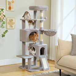PAWZ Road 60-in Cat Tree Cat Tower with 2 Condos, Spacious Perch, Cozy Basket & Sisal-Covered Scratching Posts, Grey, Medium: 51.6-in