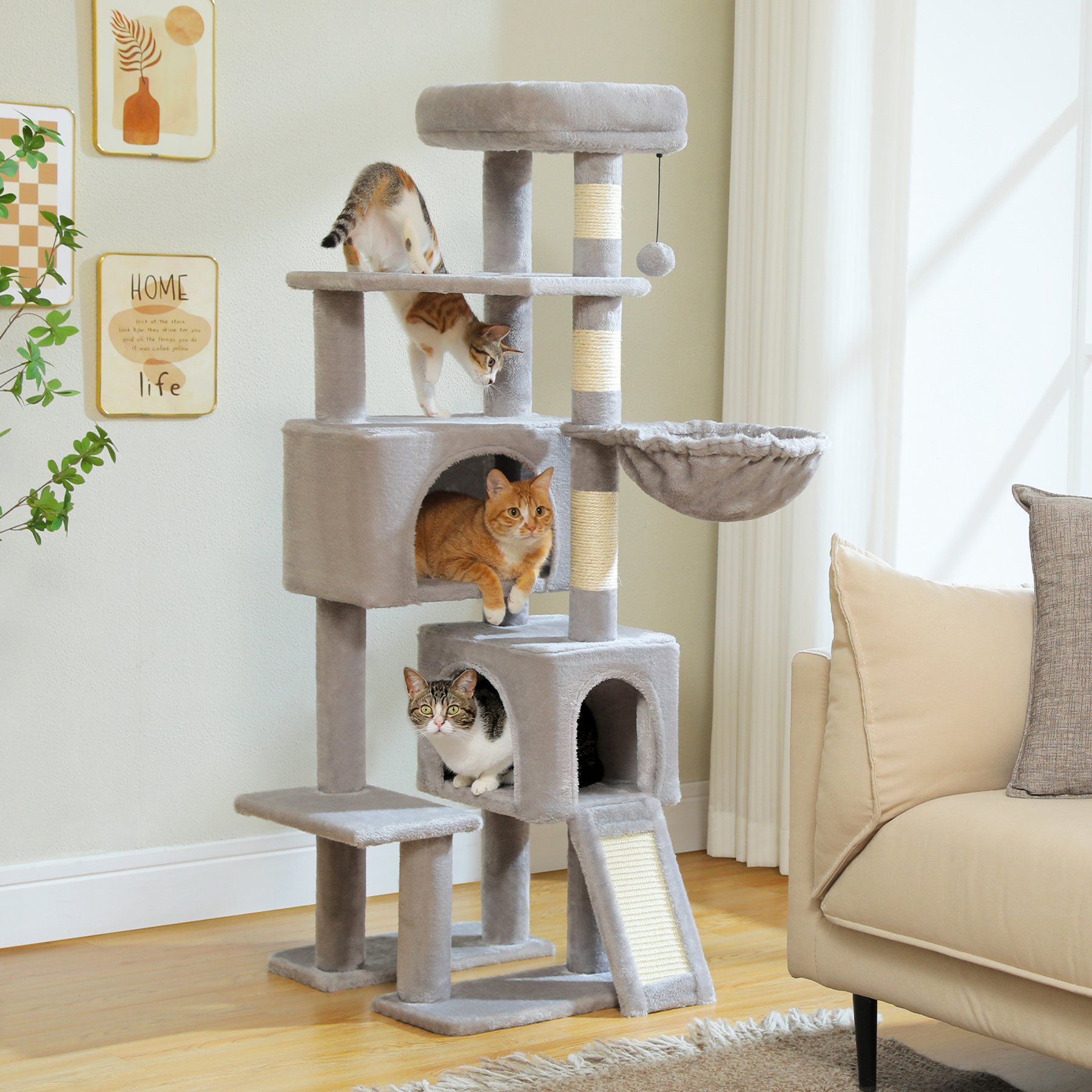 PAWZ Road 60-in Cat Tree Cat Tower with 2 Condos, Spacious Perch, Cozy Basket & Sisal-Covered Scratching Posts, Grey, Medium: 51.6-in
