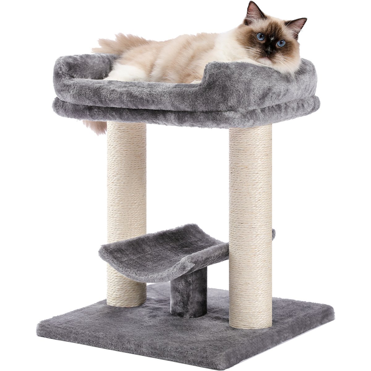 PAWZ Road 19-in Natural Sisal Scratcher Cat Tree Tower with Large Plush Top Perch Bed, Grey