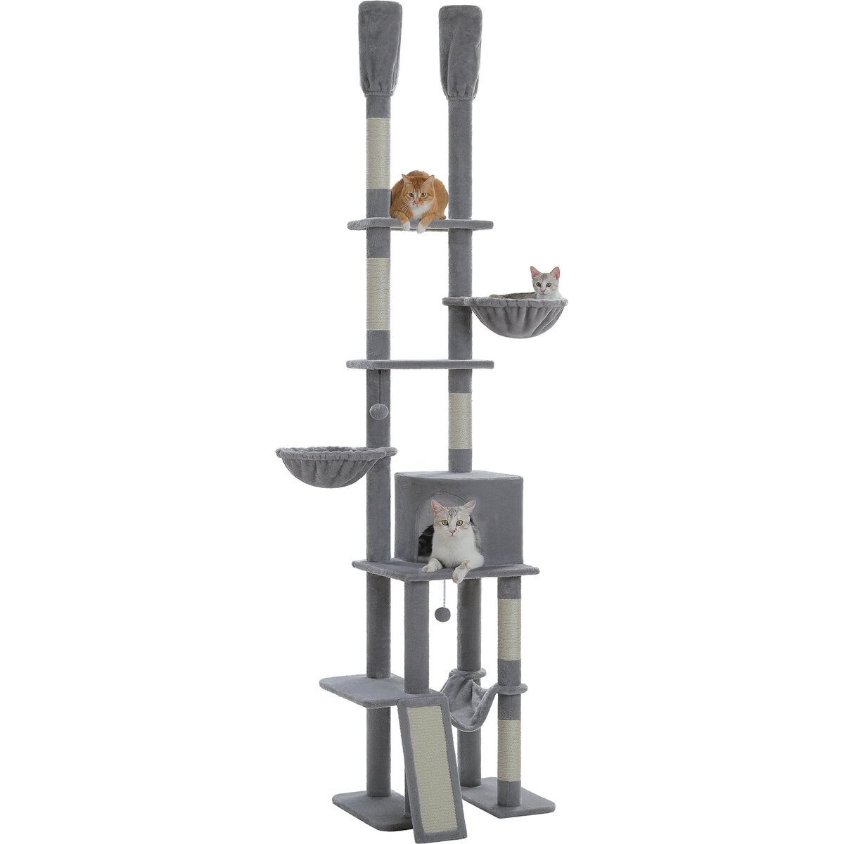 PAWZ Road Floor to Ceiling Cat Tower with Adjustable Height 7 Tiers Climbing Tower with Cozy Hammocks, 5 Platforms & Scratching Posts, Grey