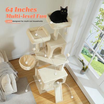 Show full view: PAWZ Road Multi-Level 64-in Cat Tree Tower with 2 Soft Top Perches, 2 Caves & 5 Sisal Scratching Posts, Beige slide 6 of 10